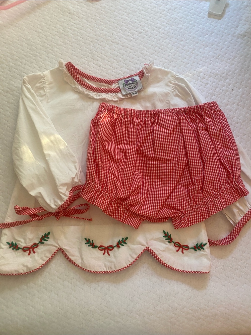 Children's Red Gingham Matching Set with White Embroidered Top